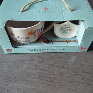 3PC Set Harvest Green Studio "Think Happy Thoughts" Mug Teabag Dish Coffee Spoon